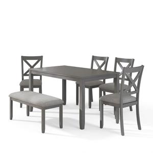 6-Piece Wooden Dining Table Set, Dining Table Set for 6, Including 1 Dining Table, 4 Upholstered Chairs and 1 Bench, Wooden Legs Dining Table, Table Set for Dining Room, Grey