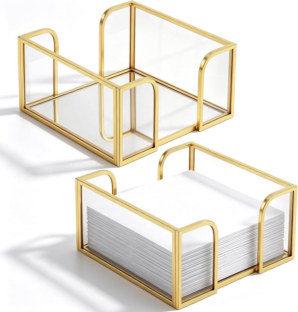 LemonRoad 2 Pcs Square Gold Napkin Holder for Table 4.7 x 4.7 Inch Decorative Cocktail Napkin Holder Glass Flat Paper Basket for Kitchen Dining Buffet Bar Counter Wedding Party Restaurant Bar Hotel