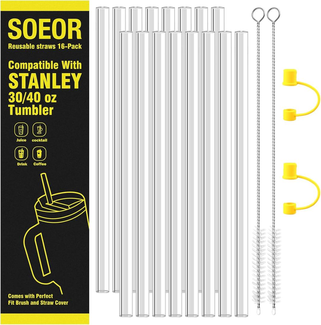 16-Pack Straws for Stanley 30oz & 40oz Tumbler, 12" straws Includes Cleaning Brush and straw cover