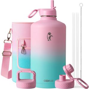 Coolflask 128 oz Gallon Water Bottle Insulated with Straw&3 Lids, Water Jug Large Stainless Steel Metal Vacuum Wide Mouth for Sports, Gym or Office, Non-BPA Keep Cold 48H Hot 24H, Bubblegum Princess