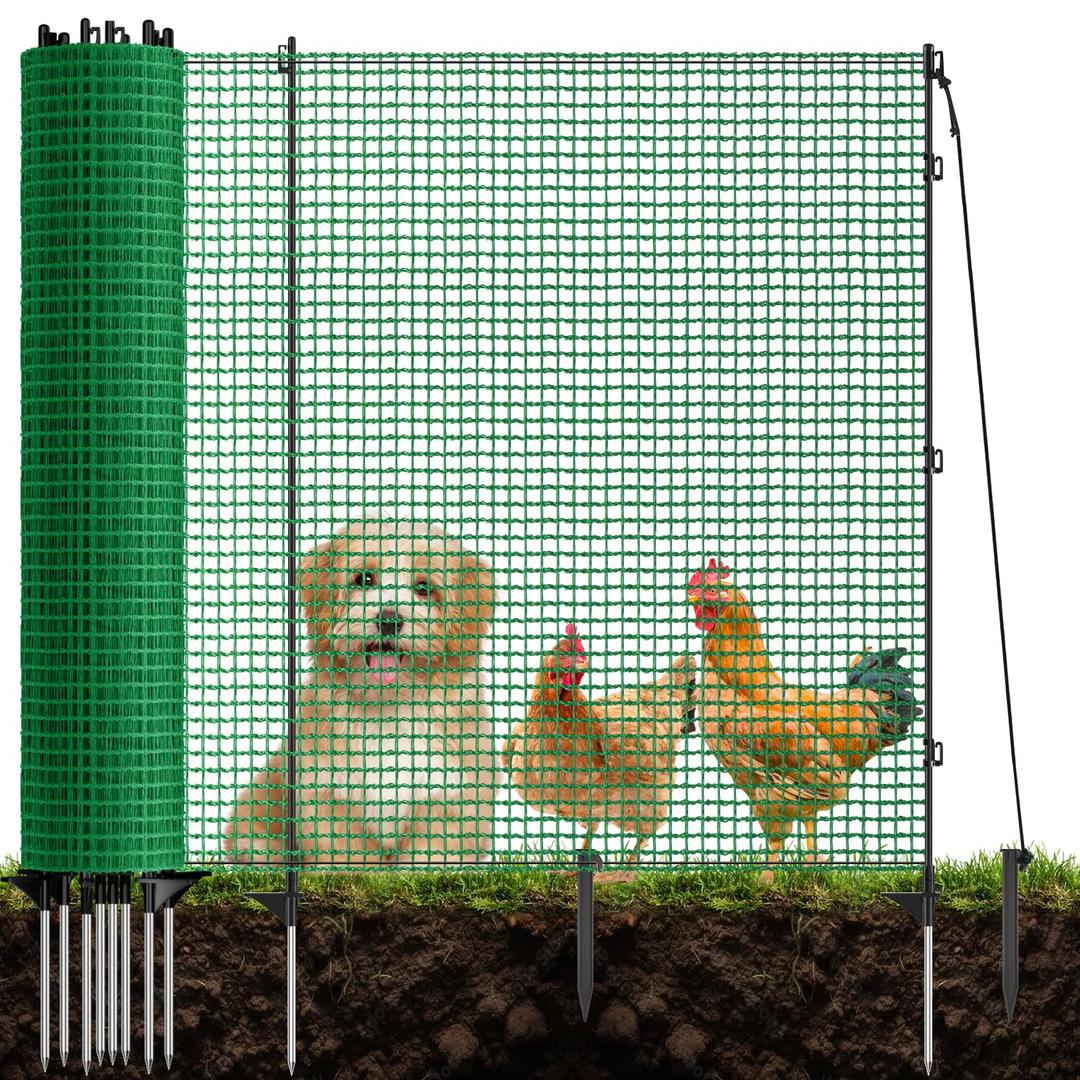 3x100FT Temporary Fence for Backyard,Temporary Fence with Post,Plastic Garden Fence with 18 Fiberglass Stake,Windbreak Rope,Ground Peg, Movable Roll Safe Fence Outdoor Animal Protect Chicken