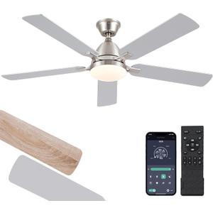 Ceiling Fans with Lights, 52 Inch Low Profile Ceiling Fan with Light and Remote Control,Reversible, 3CCT, Dimmable, Quiet, Brushed Nickel Ceiling Fan for Bedroom Indoor/Outdoor Use