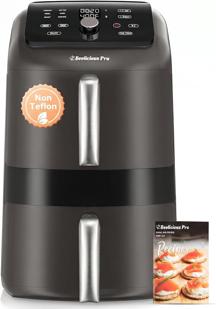 12QT Large Double Air Fryer, Family-Size Dual Airfryer with 2 Baskets, SyncHeat Even Heating, Stacked Compact Design, Smart Finish & Match Cook, PFAS-Free Nonstick, Dishwasher-Safe, Brown Black