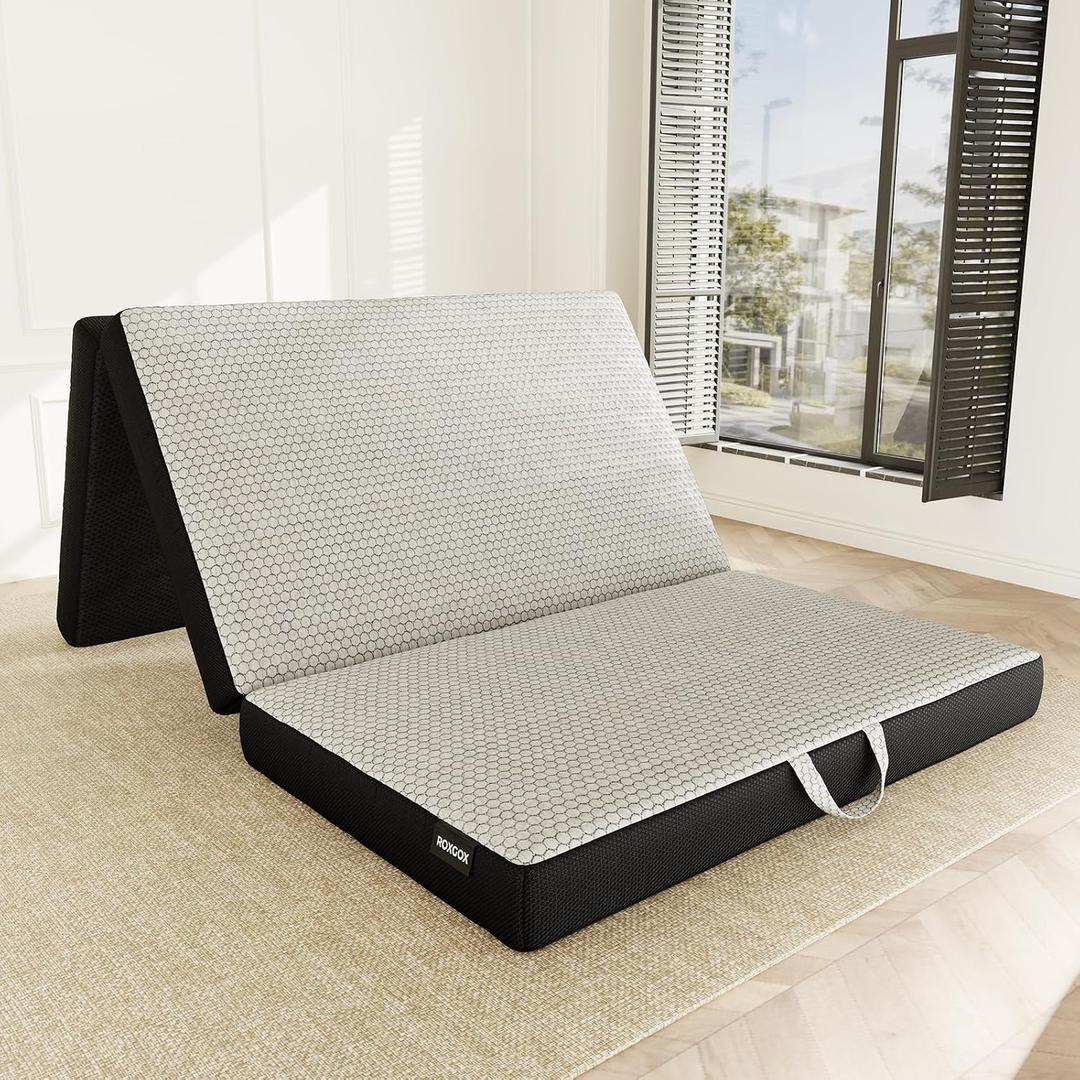 ROXGOX Memory Foam Trifold Mattress, Twin Portable Floor Bed 4 Inch, Foldable Mat with Washable Cover, Handle & Non-Slip Bottom, for RV, Travel, Camping, Yoga, 75"x38"x4", Grey