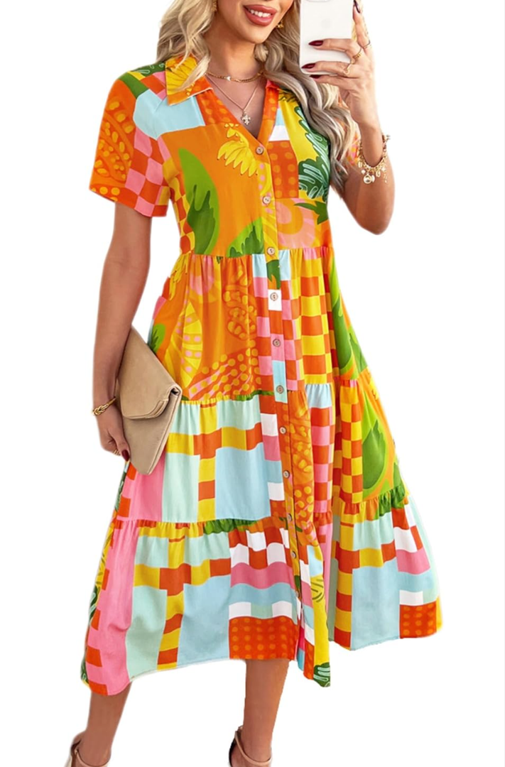Women's Floral Boho Midi Dress V-Neck Short Sleeve Summer Casual Button-Up Flowy Dresses 2025 Beach Vacation Outfits M