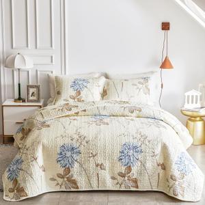 Joyreap 2 Pieces Microfiber Quilt Set, Elegant Flower Botanical Reversible Design, Bedspread Bed Cover for All Season, 1 Quilt and 1 Pillow Sham (Twin, 68x86 inches) (Floral Light-khaki)