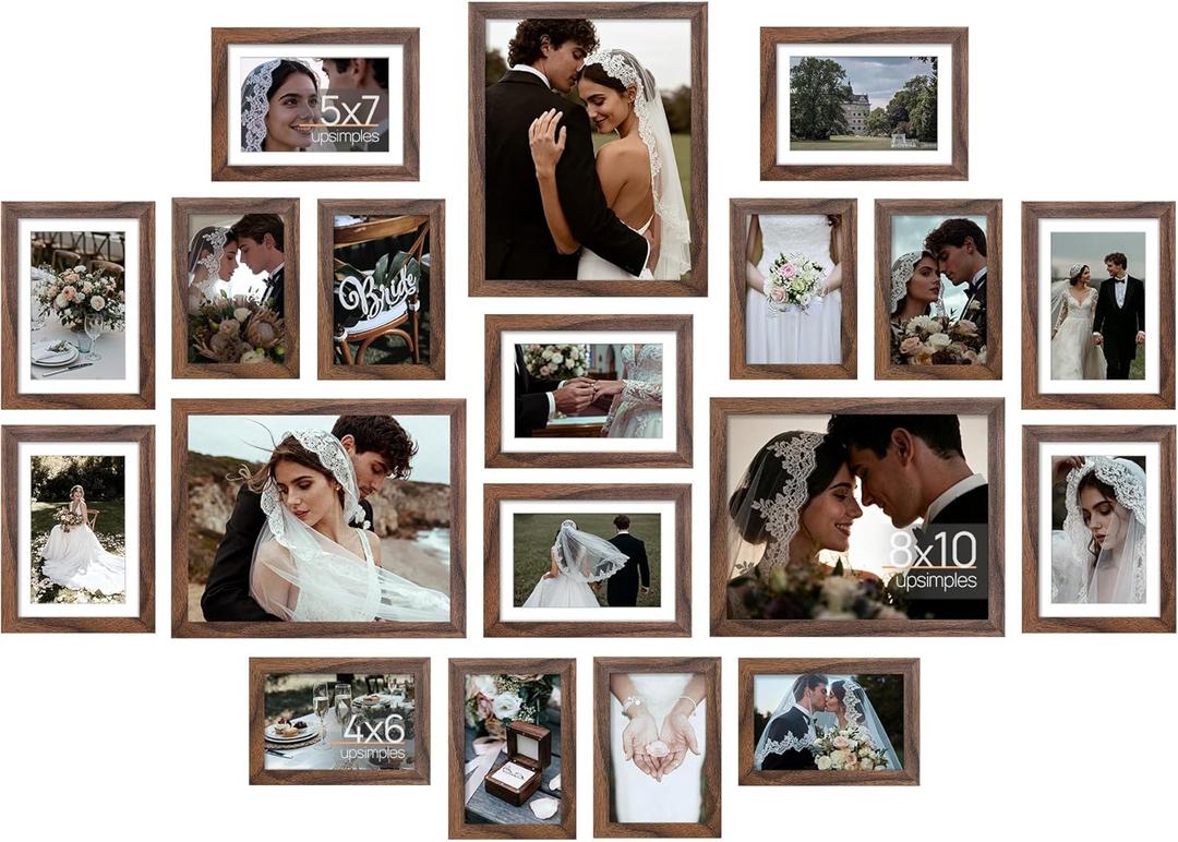 upsimples 19 Pack Picture Frames Collage Wall Decor for Mounting or Tabletop Display, Photo Gallery Frame Set for Family, Multi Sizes Including 8x10, 5x7, 4x6, Brown