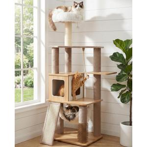 61" Modern Cat Tree Tower for Indoor Cats, Luxury Climbing Tower with Plush Lounge, Kitty Condos, Hammock & Scratching Posts, Classic cat Furniture (Natural)
