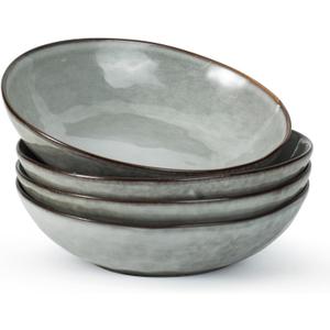 famiware Large Pasta Bowls Set of 4, Ocean Round 8.5" Pasta Serving Bowl Large Dinner Bowls, Kitchen Bowl Set, Microwave and Dishwasher Safe, Scratch Resistant, Grey (Gray)