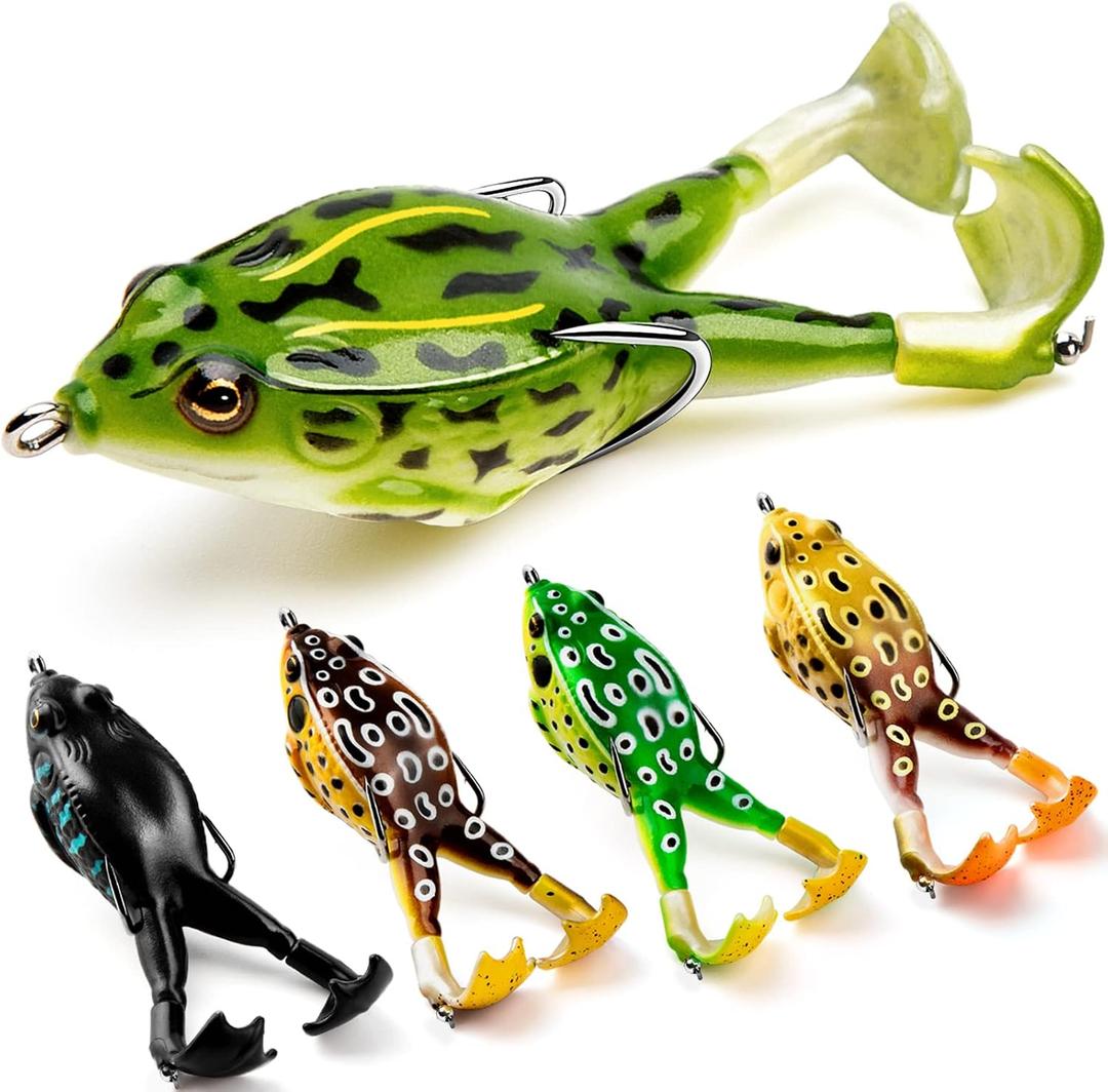Topwater Frog Lure Bass Trout Fishing Lures Kit Set Realistic Prop Frog Soft Swimbait Floating Bait with Weed less Hooks for Freshwater Saltwater (A1-5pack-1)