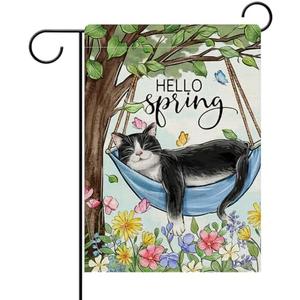 Dyrenson Hello Spring Sleeping Tuxedo Cat Decorative Garden Flag, Tree Flower Yard Outside Home Decorations Pet Lover Gift, Seasonal Burlap Outdoor Small Decor Double Sided 12 x 18,2pcs