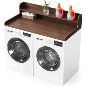 SpaceAid Washer Dryer Countertop with 2-Tier Shelf, Wood Topper with Edge, 54" Width x 27.5" Depth Cover Organizer Guard for Washer and Dryer Counter Laundry Hamper Storage (Brown Wood)