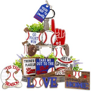 16Pcs Baseball Tiered Tray Decor Set Baseball Signs Wooden Block Signs Sport Theme Tabletop Signs with Hemp Rope for Home Party Table Centerpiece Supplies