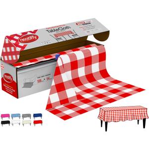 Neatiffy Disposable Plastic Table Cloth Roll | 54 in x 108 Ft Waterproof Tablecloth | Table Cover for Rectangle, Square, Round Oval Tables | Picnic, Party, Banquet, Birthdays, Weddings, Red Checkered