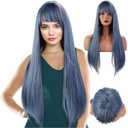 Blue Wig with Bangs Long Straight Blue Wig for Women Girls Heat Resistant Synthetic Hair for Cosplay Party Halloween Costume