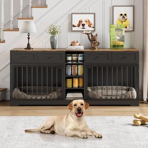 GarveeHome 82" Double Dog Crate Furniture with Drawers and Shelves, Black Heavy Duty Wooden Dog Crate TV Stand, Large Dog Kennel Indoor for 2 Medium/Large Dogs