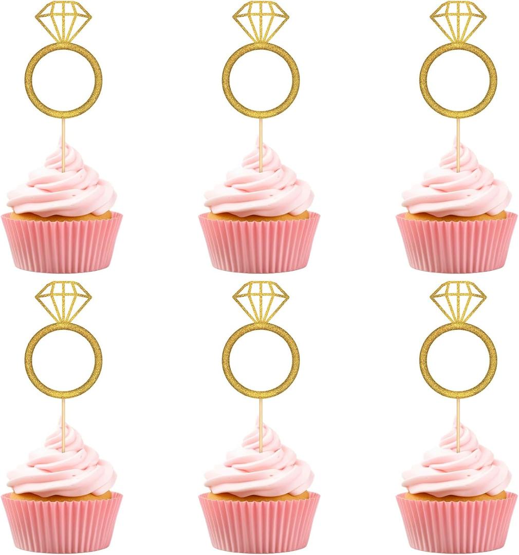 Hooqict 40Pcs Ring Cupcake Toppers Gold Glitter Diamond Ring Cake Topper Decorations Cupcake Picks for Engagement Wedding Anniversary Birthday Bridal Shower Valentines Day Party Decorations
