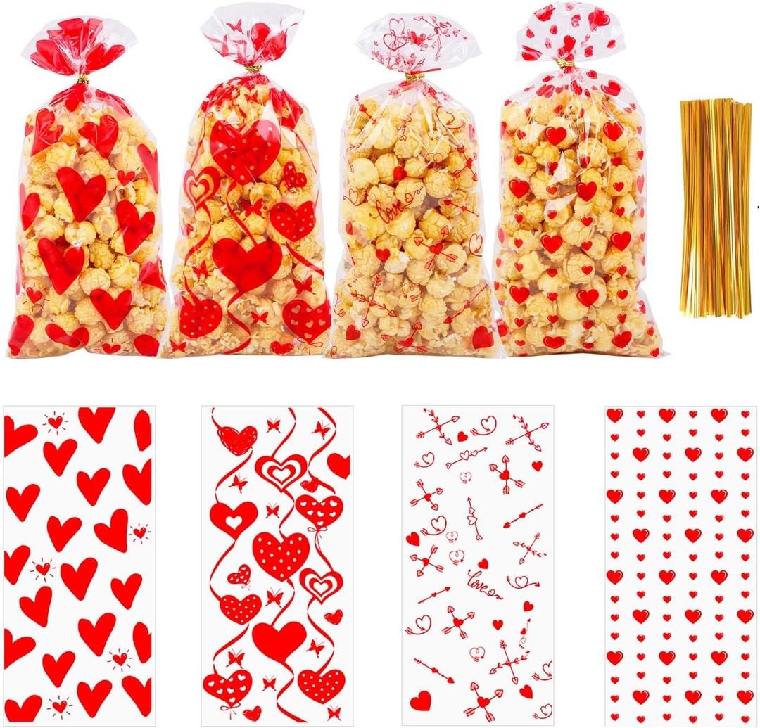 WRSION 120 PCS Valentines Treat Bags, Valentines Gift Bags, Valentine's Day Cellophane Bags, 4 Styles Red Heart Valentines Goodie Bags with 140 PCS Gold Twist Ties for Valentines Party Wedding Favor Supplies - 10.6 x 5.1 Inch