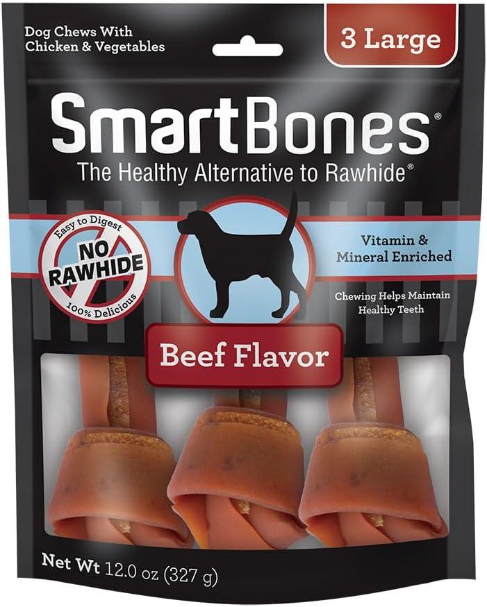 SmartBones Large Chews With Real Beef, Rawhide-Free Chews For Dogs, 3 Count (EXP 07/25/27)