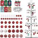 Riciakik 75 Metal Christmas Tree, Christmas Ornament Display Stand Tree with Hooks, Freestanding Wrought Iron Christmas Tree with 100 LED Lights, 54 Balls, 2 Mini Stockings & 6 Xmas Cards