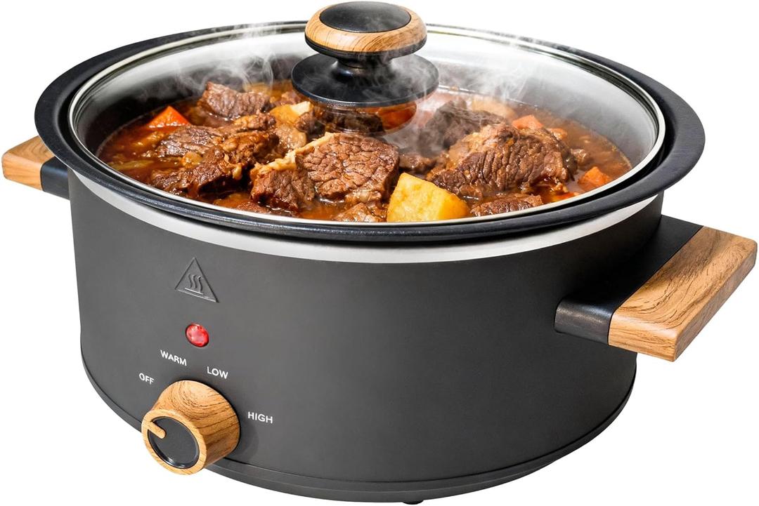 3 Quart Slow Cooker with Aluminum Inner Pot, 3 Temperature Settings, Dishwasher-Safe Removable Pot & Glass Lid, Wood-Grain Handle Design, Compact Electric Cooker for Home Meals, Black