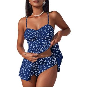 Verdusa Women's 2 Piece Floral Tankini Swimsuits Tummy Control Swim Dress with High Waisted Bikini Bottoms (Blue, S)