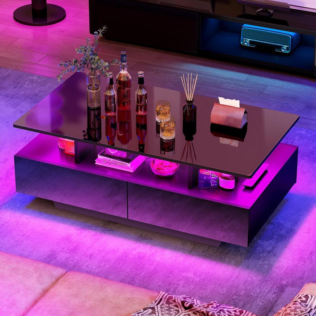 YITAHOME LED Coffee Table with Storage, High Glossy LED Coffee Tables for Living Room, Modern Black Rectangle Coffe Table, Small Center Table with Open Display Shelf & 4 Sliding Drawers, Glossy Black