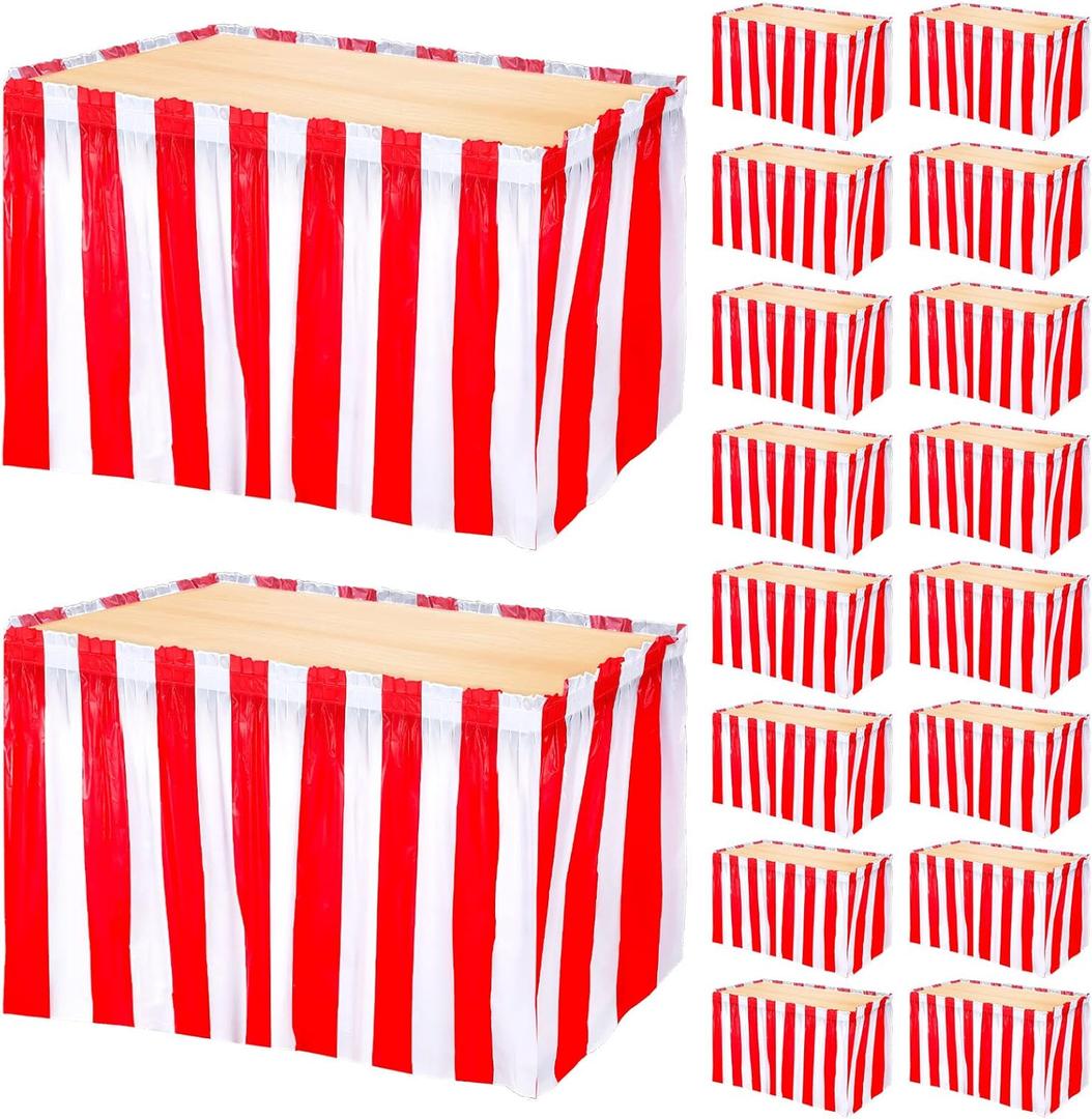 Oudain 18 Pieces Table Skirt Red and White Striped Table Skirts Disposable Carnival Decorations Circus Party Decorations for Carnival Circus Wedding Baby Shower Party Supplies, 29 Inch x 14 ft