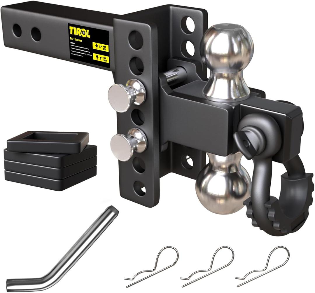 TIROL 2 Inch Adjustable Trailer Hitch Receiver with Shackle - 4 Inch Drop/Rise Drop Hitch, 2'' & 2-5/16'' Ball Hitches, 25000 Lbs Heavy Duty Towing Ball Mount, RVs, Campers, Boat Trailers