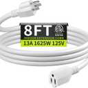 16/3 White Extension Cord 8 FT, Indoor Extension Cord for Laptops, Coffee Makers, Office Home Appliances, 3 Prong Resistant Cable Flexible, 13A 125V 1625W ETL Listed