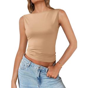 Imily Bela Womens Going Out Casual Tank Tops 2025 Trendy Summer Basic Sleeveless Backless T Shirts Cute Slim Fit Y2K Tee (XX-Large, Khaki)