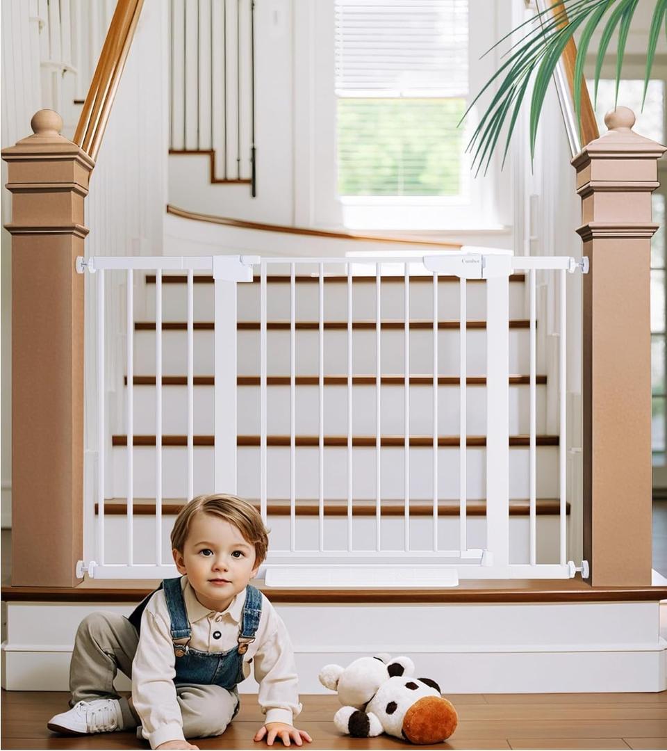 Cumbor 29.7-46" Baby Gate for Stairs, Mom's Choice Awards Winner-Dog Gates for Doorways, Auto Close Safety Pet Gate for Dogs Indoor, Easy Install Pressure Mounted Child Gate with Walk Thru Door, White , 29.7 x 46 in