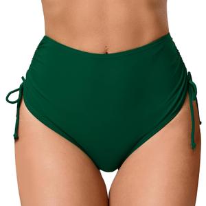 Women's High Waisted Full Coverage Bikini Bottoms Tummy Control Adjustable Drawstring Swim Bottoms (Large, Green1)