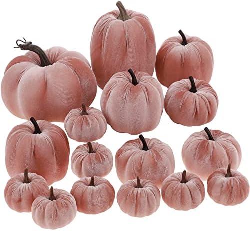 Yatinkim 16Pcs Pink Fake Foam Pumpkins Decorating Velvet Fabric Pumpkin Bulk Fall Table Bowl Centerpiece Farmhouse Harvest Decorative Halloween