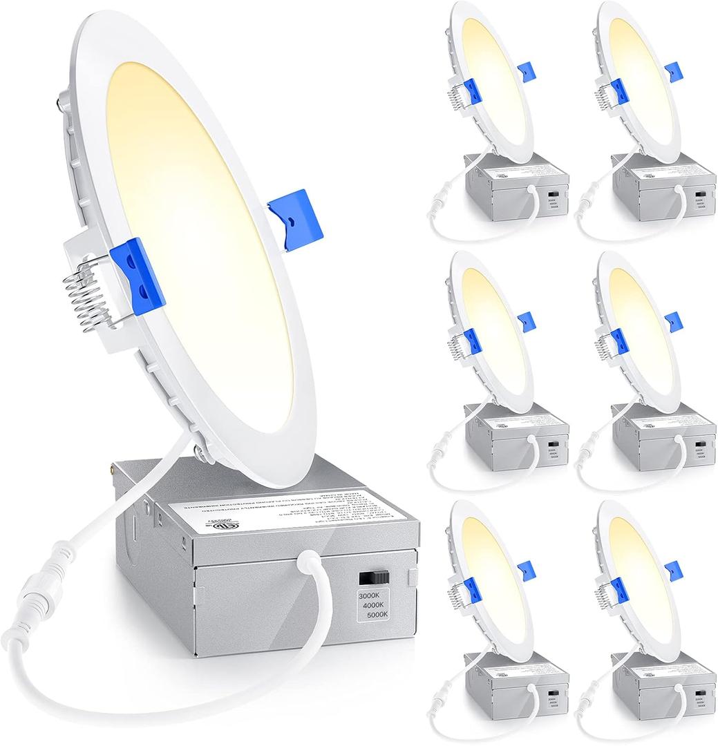 Ensenior 6 Pack 6 Inch LED Recessed Light, Dimmable, 3000K-5000K 3CCT, 1200LM High Brightness, 12W 120V, 3 Pin, ERL-12X-ETL, Damp Rated, Ultra-Thin Canless Wafer Ceiling Light - ETL & FCC & IC