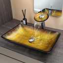 22 Inch Bathroom Vessel Sink with Waterfall Faucet and Pop-Up Drain Combo,Rectangular Bathroom Sink Above Counter Gold Artistic Glass Sink with Black Rim, 22.4x14.4x3.6 inches