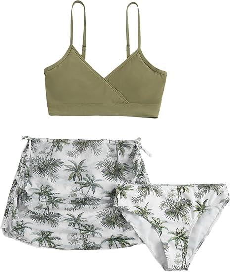COZYEASE Girls' 3 Piece Set Floral Print Bikini Swimsuit with Drawstring Beach Skirt Cute Ruched Bathing Suit green with White 11 Years