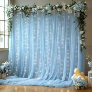 10x10FT Blue Wrinkle Free Backdrop Curtains with Lights String for Parties - Photo Curtain Backdrop with Lights for Wedding Decorations, Bridal Baby Shower Birthday Party Photography Background