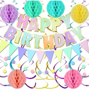 Pastel Birthday Party Decorations Kit - Include Happy Birthday Banner Colorful Flag Bunting Circle Dots Garland Hanging Swirls Honeycomb Ball for Girls womens Rainbow Party Decorations
