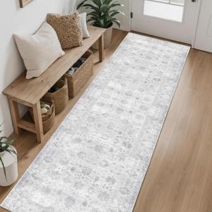 Hallway Runner Rug 2x8 Washable Area Rugs, Vintage Floral Rug Soft Non Slip Stain Resistant Boho Floor Carpet Runners for Hallways Entryway Laundry Room Kitchen Bathroom, and Bedroom Grey