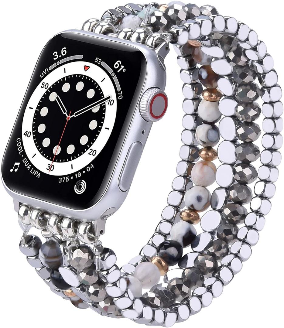 VISOOM Beaded Boho Bracelet Compatible for Apple Watch Band 40mm/38mm/41mm Series 8 7 SE Women Fashion Cute Handmade Crystal Beads Stretchy Watch Strap for iWatch Bands Series 6/5/4/3/2/1 Replacement (Silver)