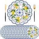 50PCS Lemon Paper Placemats Disposable,13.7 Inch Blue Chinoiserie Lemon Floral Placemat Round Place Mats Summer Table Mats for Home Kitchen Dinner Table Dining Party Decoration