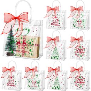 Henoyso 24 Pcs Christmas Clear Gift Bags with Handles Plastic Christmas Goodie Candy Treat Bag PVC Gift Wrap Totes with Ribbon for Xmas Party Favors (7.8 x 7.8 x 3.1,Red and Green)