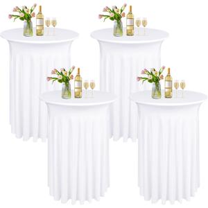 4 Pack Round Cocktail Table Skirts 32 x 43 Inch White Spandex Stretch Cocktail Tablecloth with Wavy Drapes Stretch Fitted Round High Top Table Covers for Wedding Bar Party Banquet