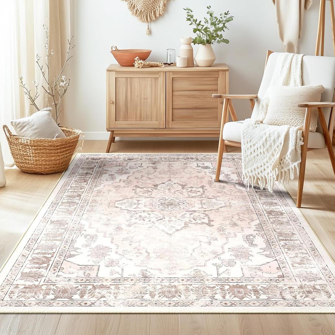 BESTSWEETIE 3x5 Area Rug Washable Rugs for Living Room, No Pile Boho Carpet for Entryway Bedroom Dinning Room, Vintage Carpet Print Distressed Non-Slip, 3 x 5 ft, Pink Beige Grey
