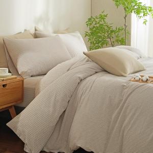 MWL Toy Striped Duvet Cover Set Queen Size 3 Pcs Breathable Durable 100% Washed Cotton Comforter Cover for All Seasons Chic Linen Like Textured Bedding Set (Light Brown White Pinstripes, Queen)