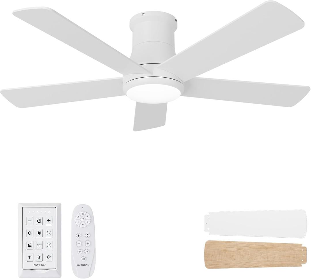 42 Inch Low Profile Ceiling Fan with Light, White Ceiling Fans with Lights and Remote, Flush Mount, 6 Speeds Reversible Quiet DC, 3CCT Dimmable, Indoor Outdoor Ceiling Fans for Patios Bedroom