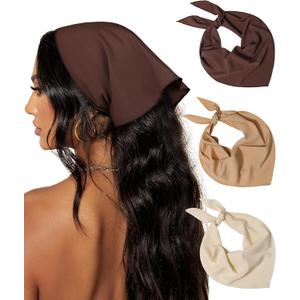 AWAYTR Pack of 3 Hair Bandanas Head Kerchief for Women Girls Tie-Back Boho Hair Scarf Headband Bandana Triangle Head Scarf (Solid Color - Beige / Khaki / Brown)