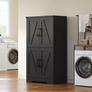 Treocho Bathroom Floor Cabinet, Farmhouse Bathroom Storage Cabinet with Doors and Adjustable Shelves, Freestanding Kitchen Pantry Cabinet, Cupboard for Living Room, Dining Room, Black