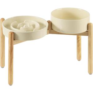 Havniva 3.2 Cup Ceramic Raised Slow Feeder Dog Bowl Set, Elevated 8.2inch Bowl and 9.5inch Puzzle Slow Food Dish with Wooden Stand for Large Dog, Anti-Gulping (2 xLight Yellow+ Stand)
